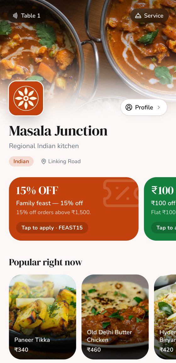 A guest's view of Masala Junction's menu, opened by tapping the tag at Table 1