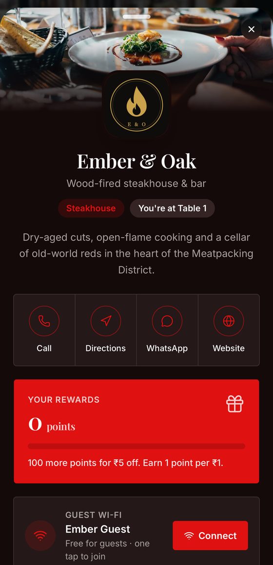 The guest's first screen: call reception, directions, WhatsApp, rewards and one-tap Wi-Fi